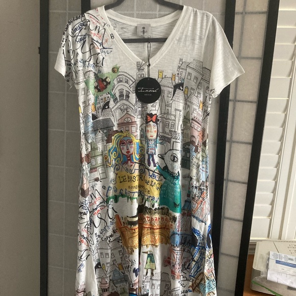 Inoah Dresses & Skirts - Ina White Midi Dress with Multicolor Cityscape Print